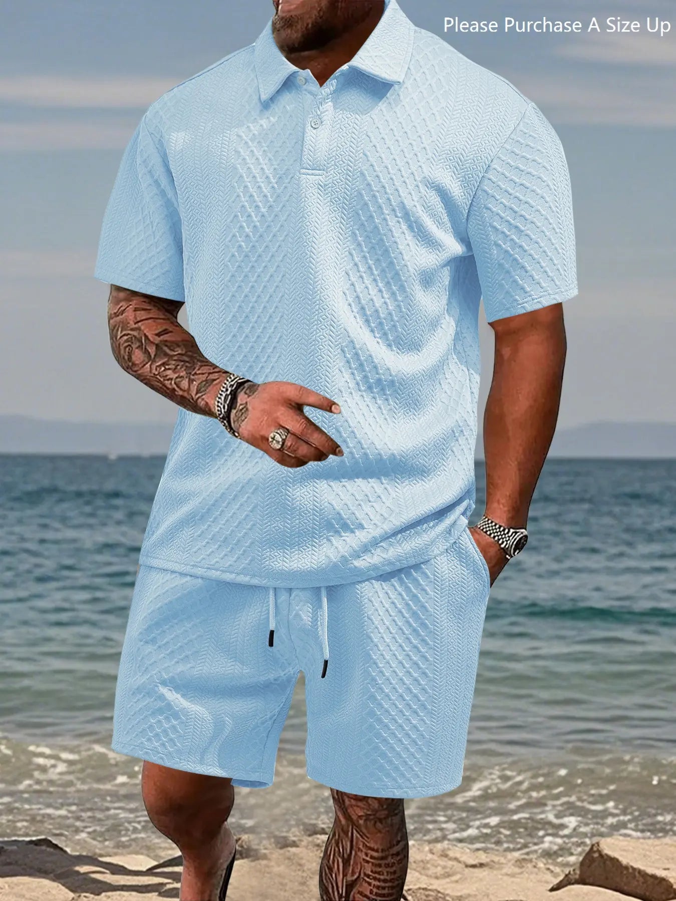 Men's Solid Polo Shirt & Drawstring Shorts Two-Piece Set