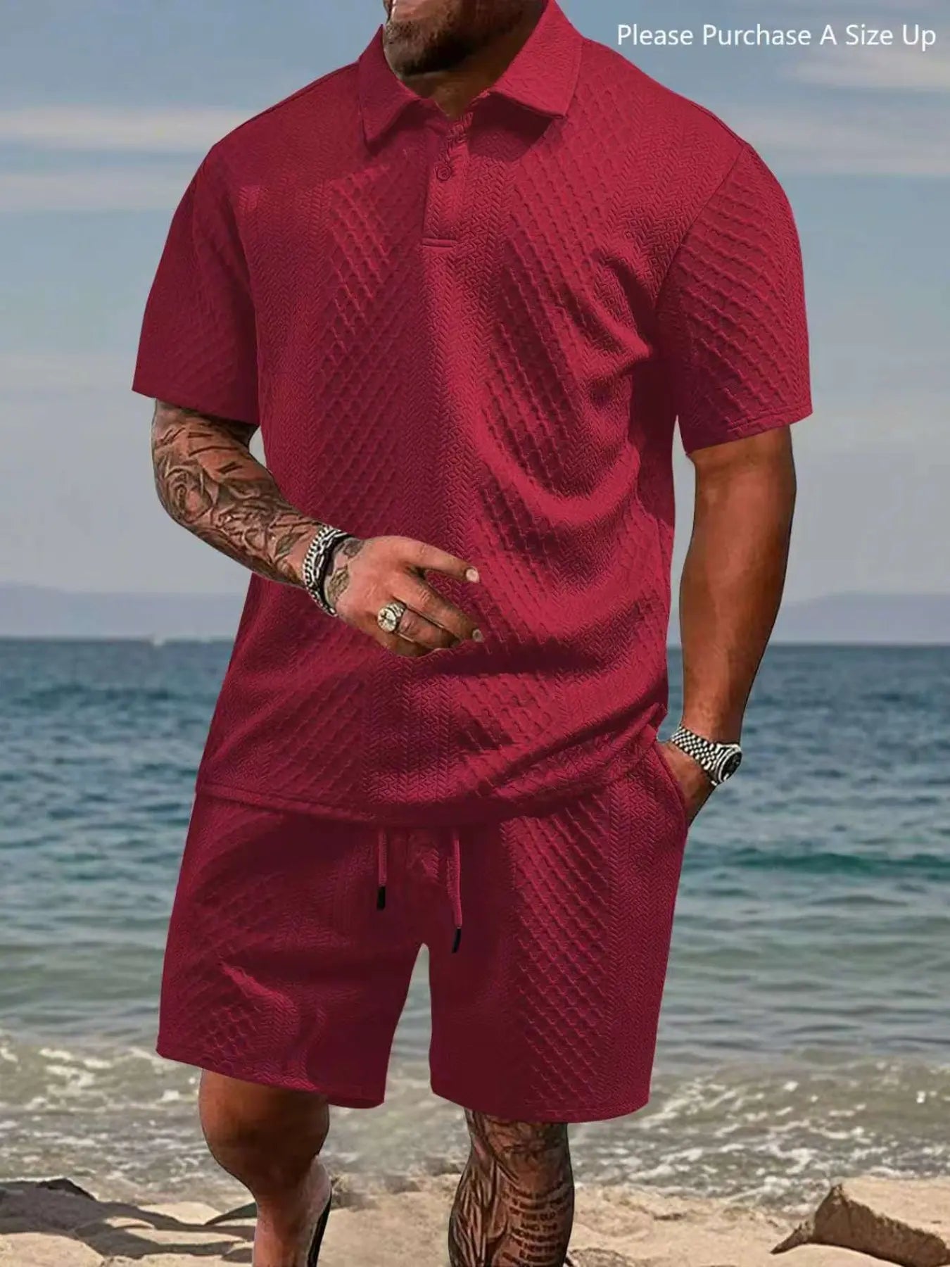 Men's Solid Polo Shirt & Drawstring Shorts Two-Piece Set
