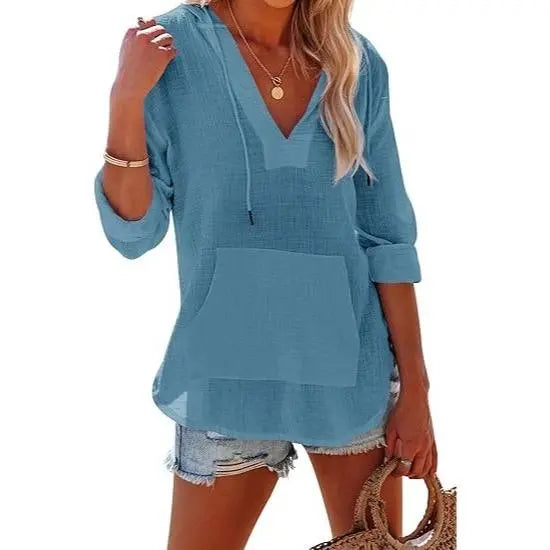 Women's V-Neck Beach Cover-Up Hoodie e??????e???
