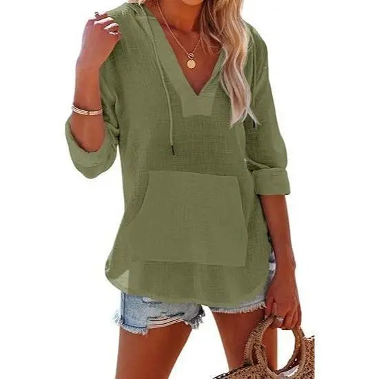 Women's V-Neck Beach Cover-Up Hoodie e??????e???