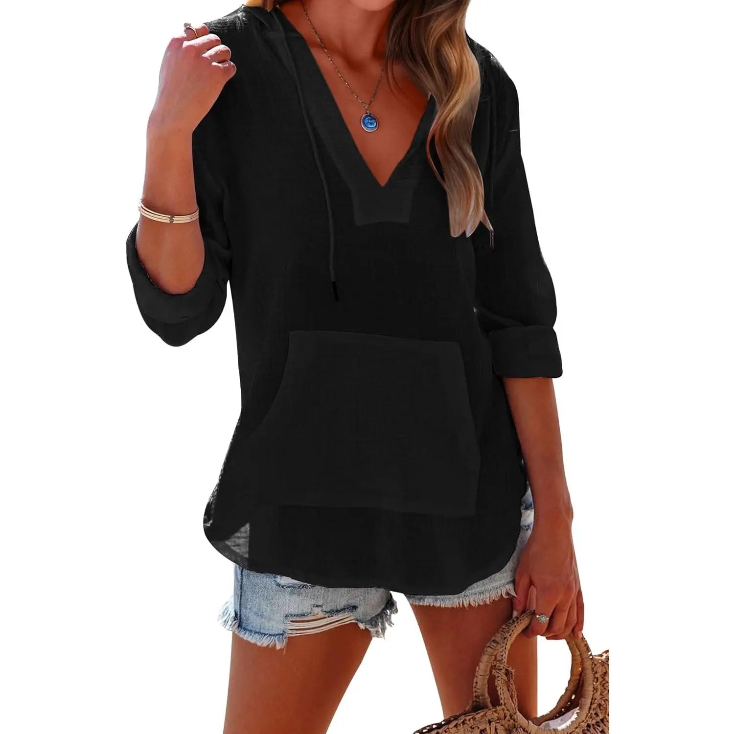 Women's V-Neck Beach Cover-Up Hoodie e??????e???