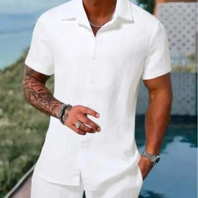 Men's Solid Textured Shirt & Shorts 2-Piece Set ☀️🌴