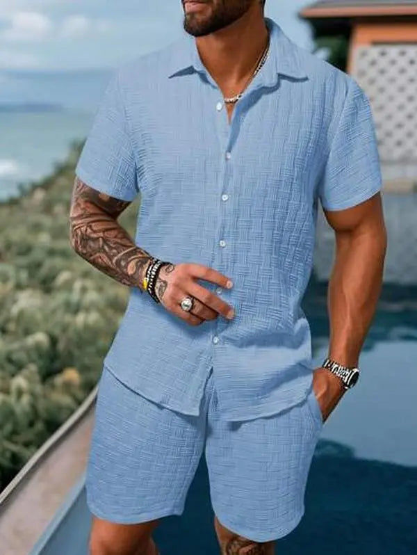 Men's Solid Textured Shirt & Shorts 2-Piece Set ☀️🌴