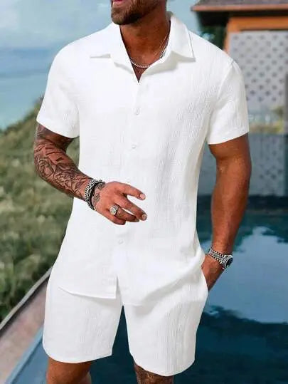 Men's Solid Textured Shirt & Shorts 2-Piece Set ☀️🌴