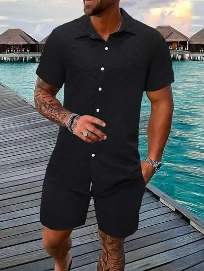 Men's Solid Textured Shirt & Shorts 2-Piece Set ☀️🌴