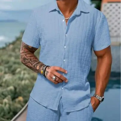 Men's Solid Textured Shirt & Shorts 2-Piece Set ☀️🌴