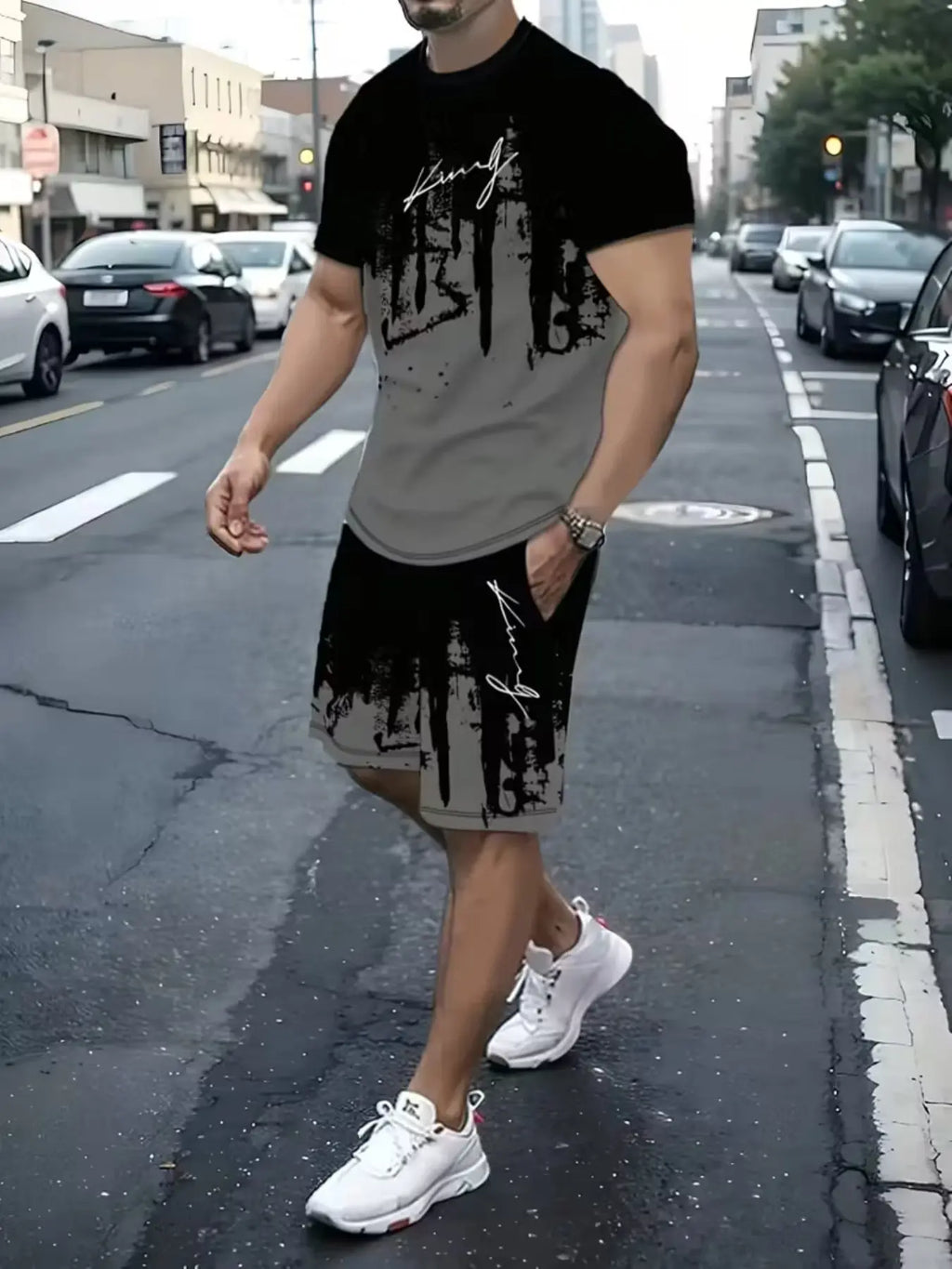 Men's Bold King Pattern T-Shirt & Shorts 2-Piece Set 👑☀️