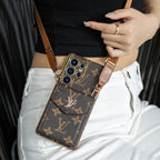Luxury Classic Leather Samsung Case With Card Wallet And Strap
