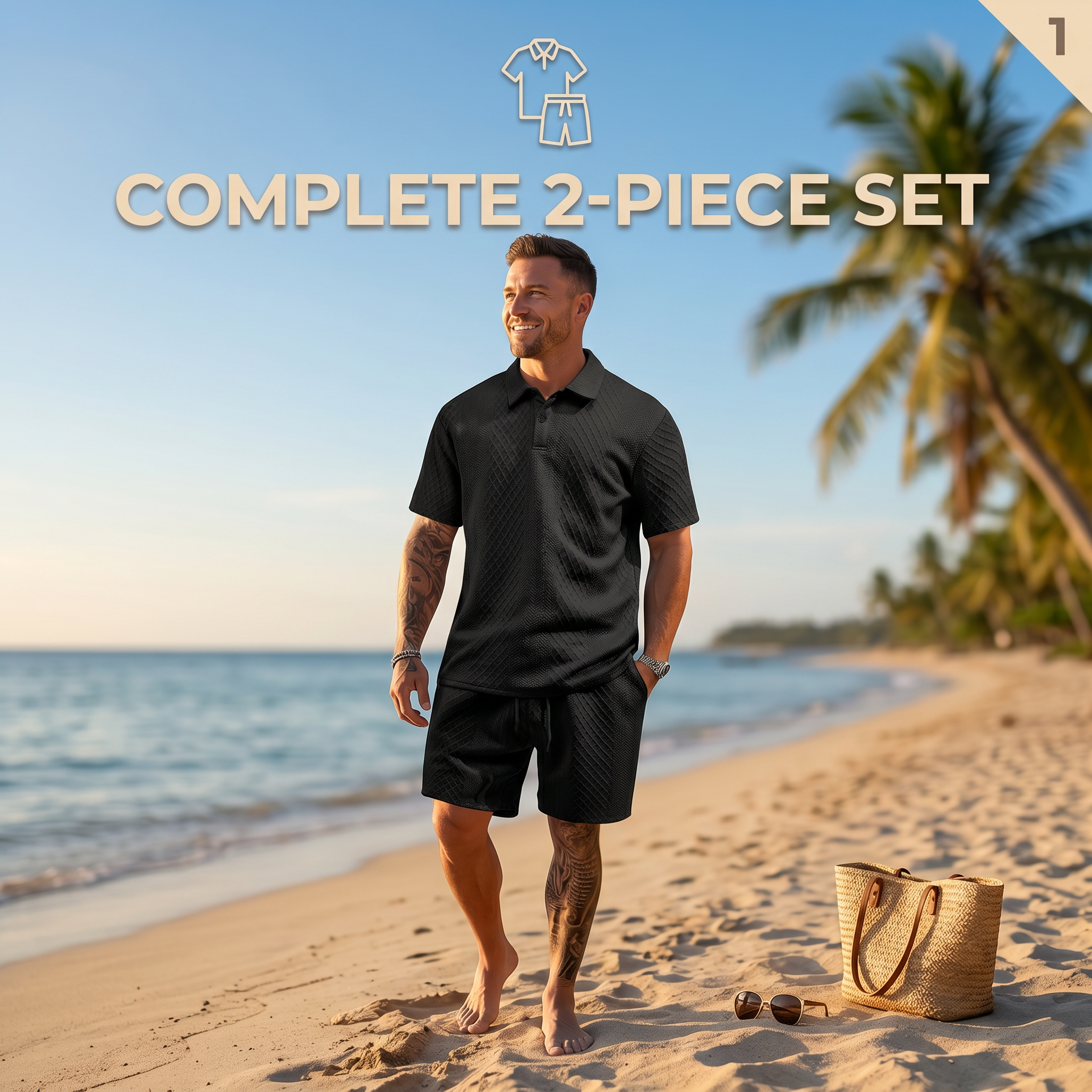 Men's Solid Polo Shirt & Drawstring Shorts Two-Piece Set