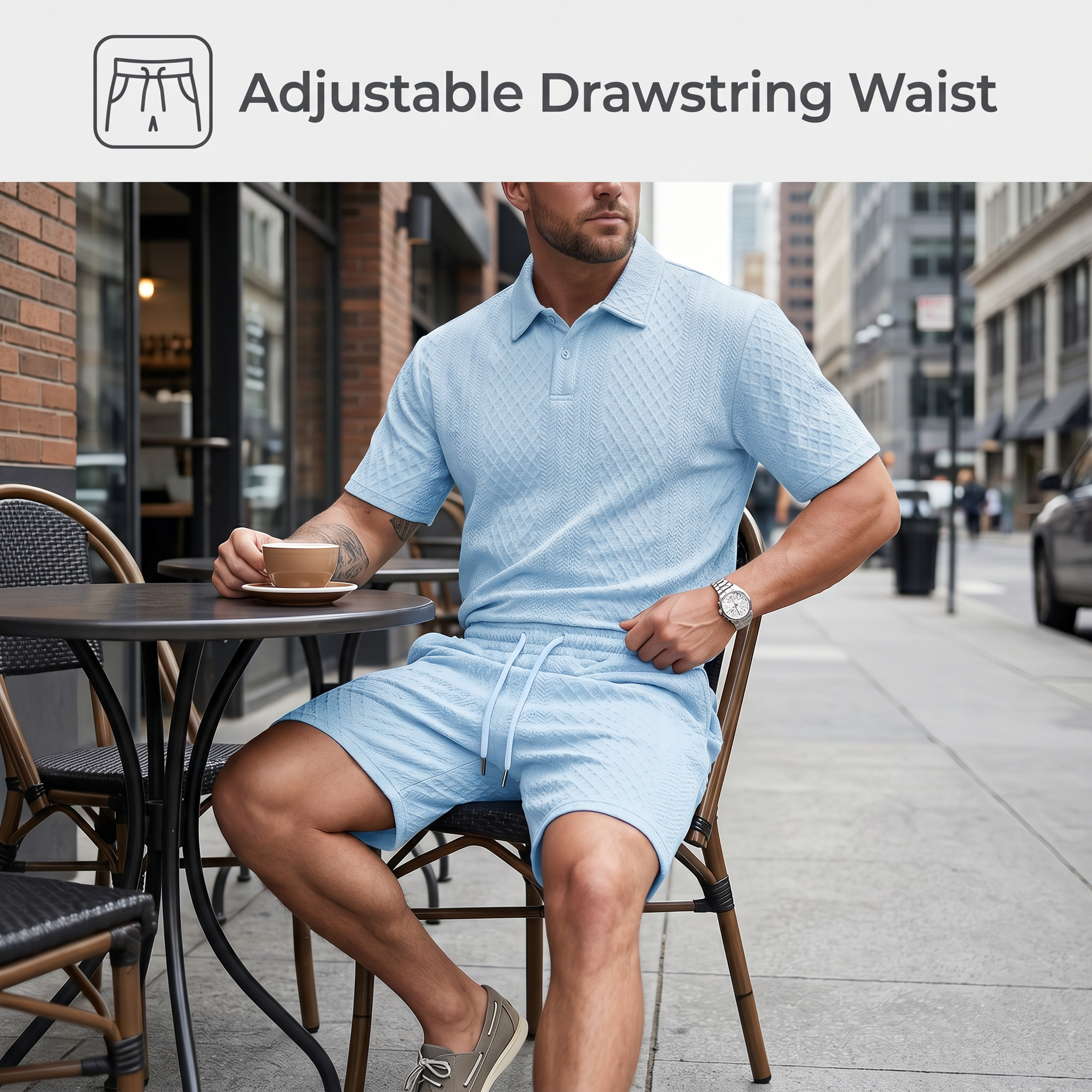 Men's Solid Polo Shirt & Drawstring Shorts Two-Piece Set
