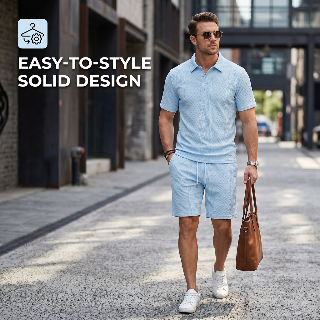 Men's Solid Polo Shirt & Drawstring Shorts Two-Piece Set