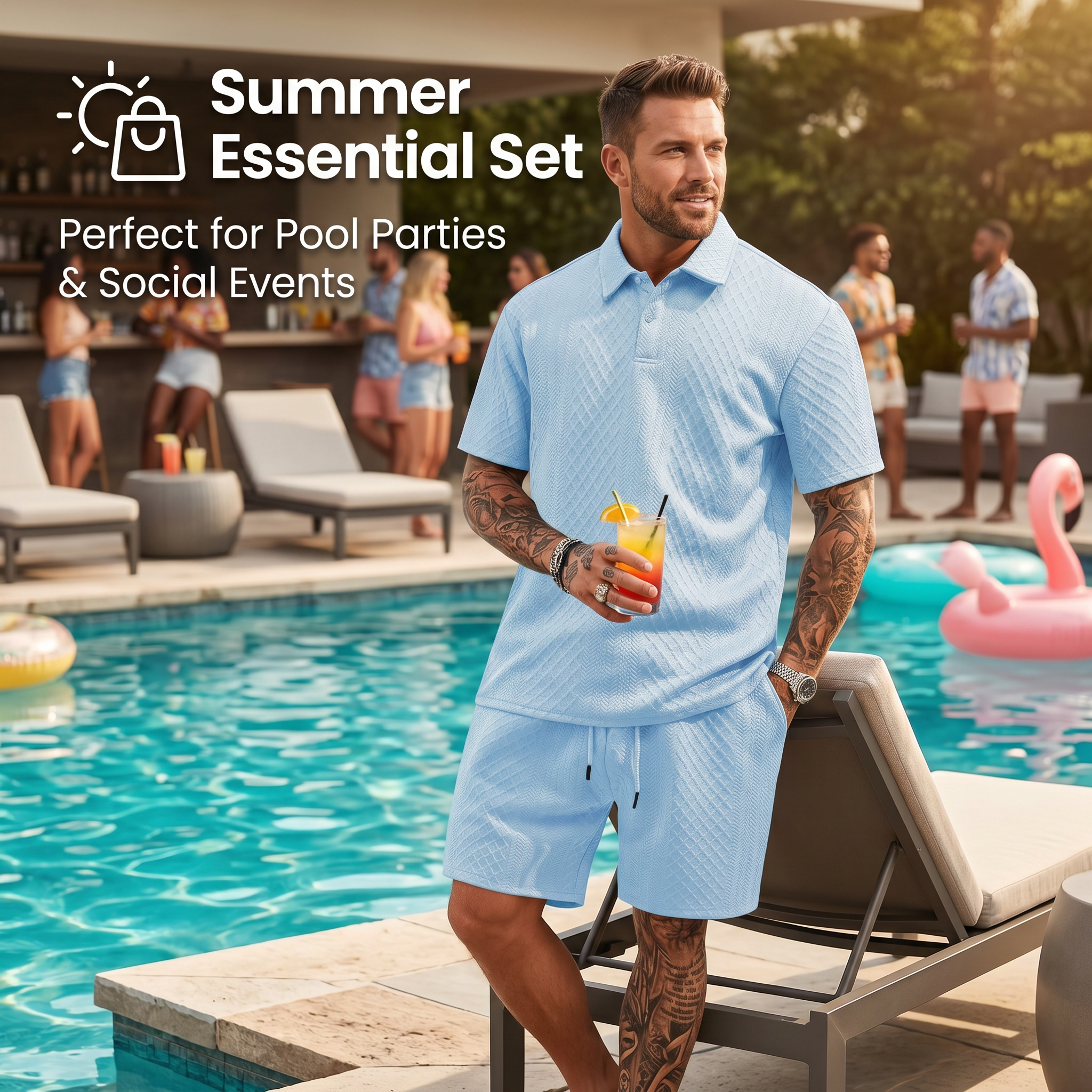 Men's Solid Polo Shirt & Drawstring Shorts Two-Piece Set