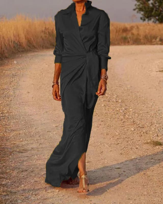 Lace Up High Waist Split Maxi Dress Long Sleeve Lapel Collar Sexy Dress