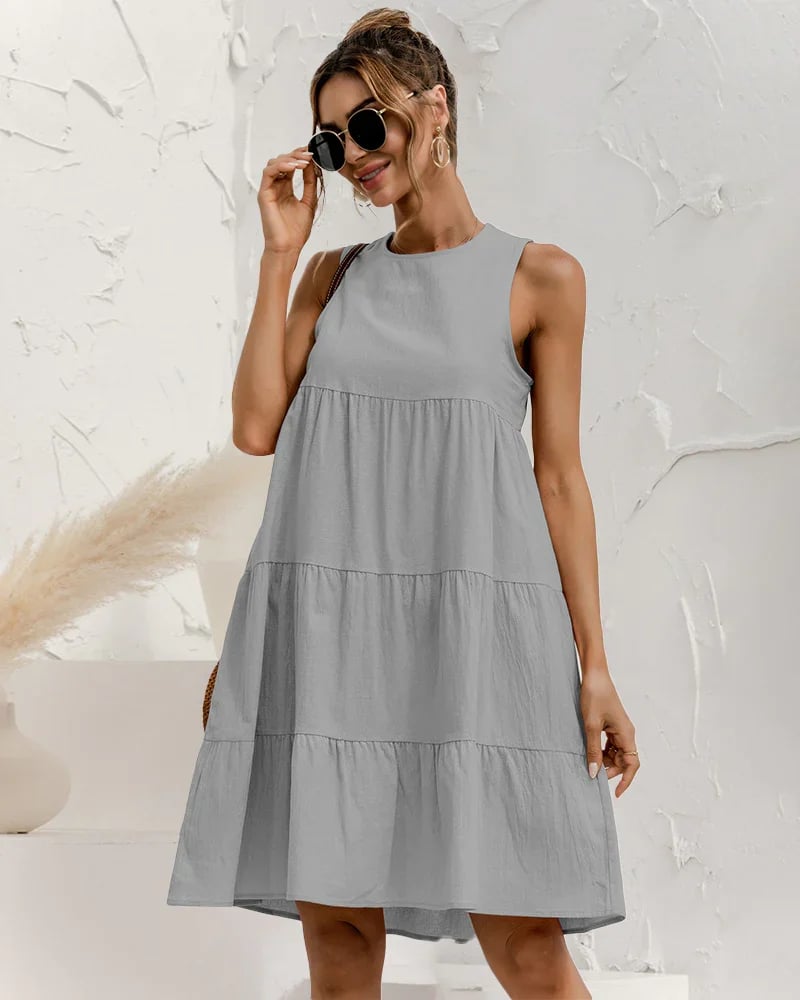 Solid Sleeveless Ruffle Sundress Round Neck A Line Pleated Mini Short T Shirt Dress