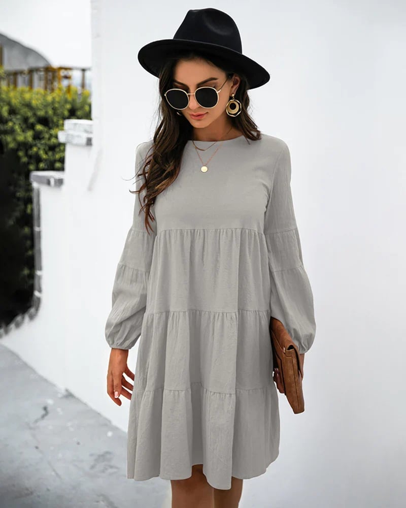 Long Puff Sleeve Shirt Dress Casual Crewneck Loose Fit Sundress Trendy Tiered Layer Summer Mini Dresses