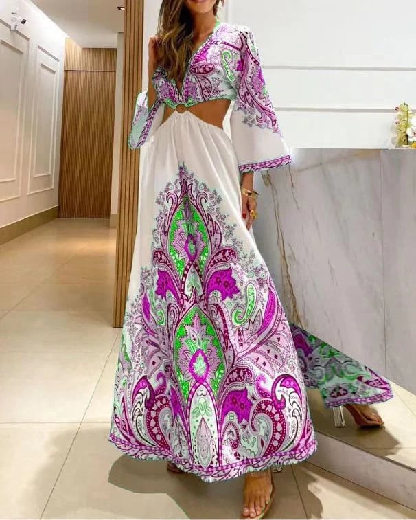 e??￥Big sale - Bohemian deep V-neck sexy backless print long dress