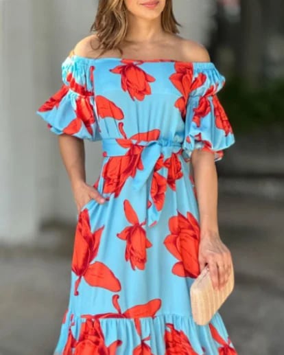One shoulder puff sleeve printed dress