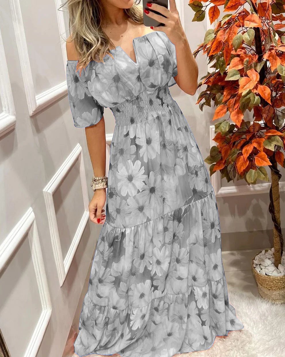Floral Printing Elastic Waist-Length Sleeve Dress