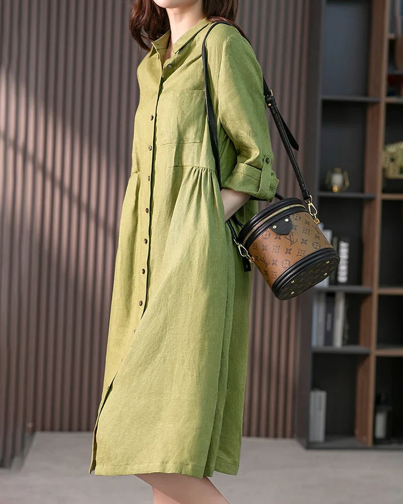 Loose Solid Color Cotton and Linen Three-quarter Sleeve Dress Mid-length Shirt Dress