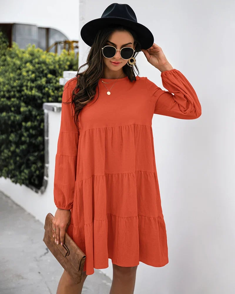 Long Puff Sleeve Shirt Dress Casual Crewneck Loose Fit Sundress Trendy Tiered Layer Summer Mini Dresses