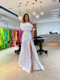 Slant shoulder waist slit dress