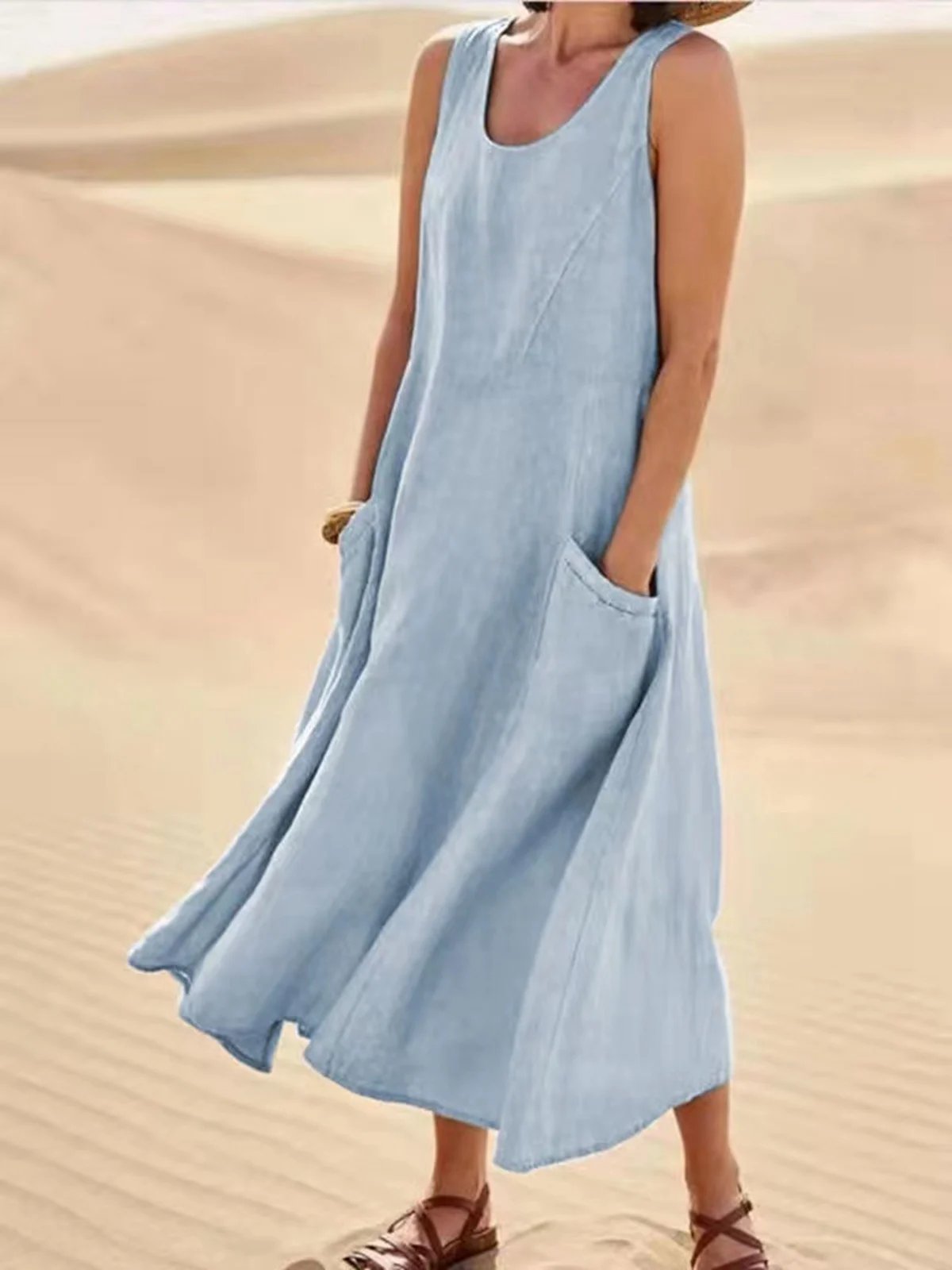 Casual Solid Dress Sleeveless Sun Dresses with Pocket
