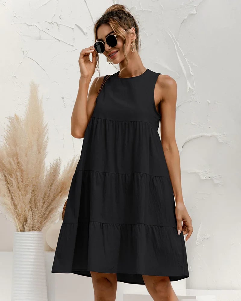 Solid Sleeveless Ruffle Sundress Round Neck A Line Pleated Mini Short T Shirt Dress