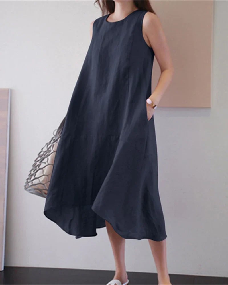 Round Neck Sleeveless Loose Solid Color Long Swing Dress