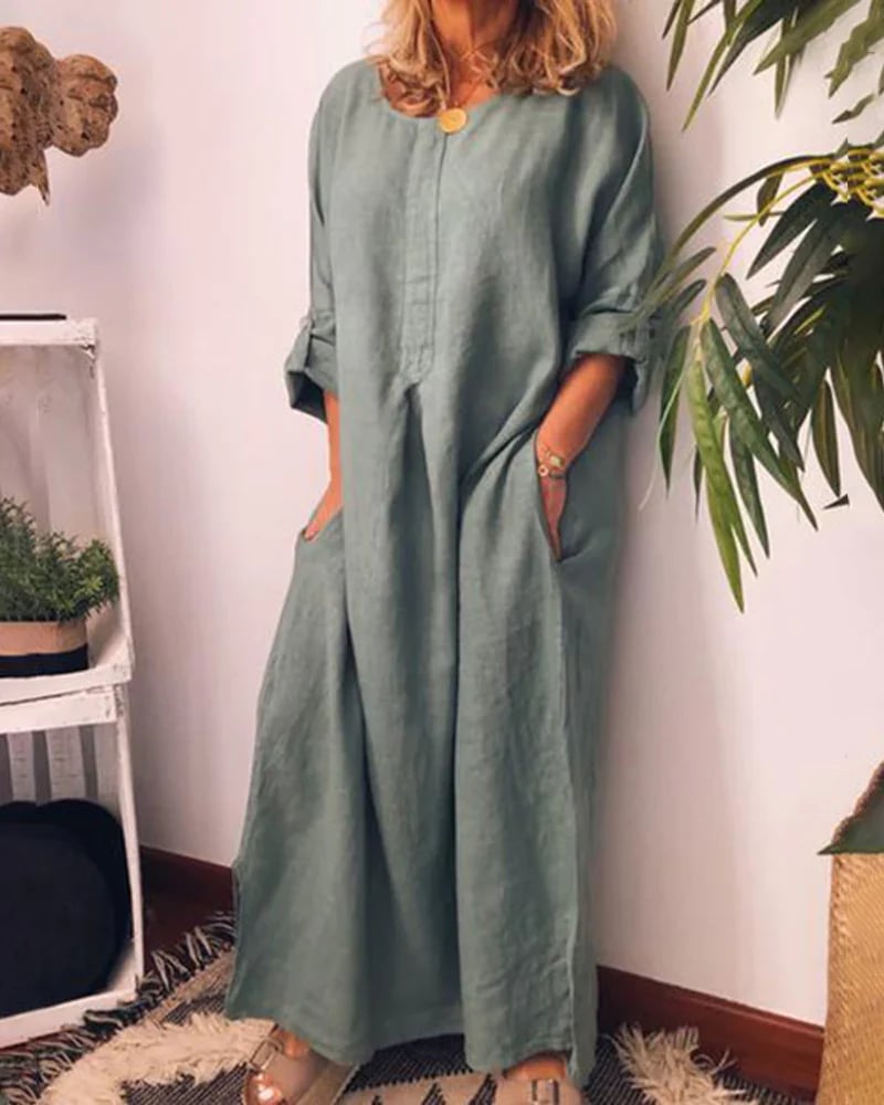 Long Sleeve Solid Color Plus Size Loose Fit Maxi Dress Round Neck Button Up Dresses with Pocket