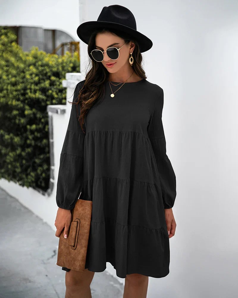 Long Puff Sleeve Shirt Dress Casual Crewneck Loose Fit Sundress Trendy Tiered Layer Summer Mini Dresses