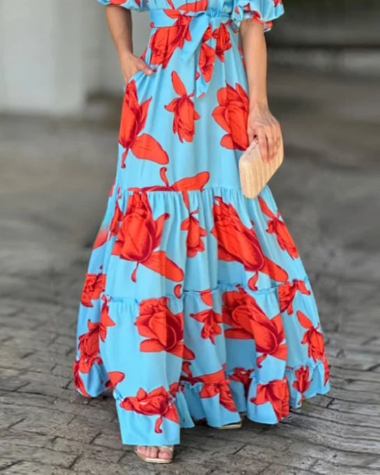 One shoulder puff sleeve printed dress