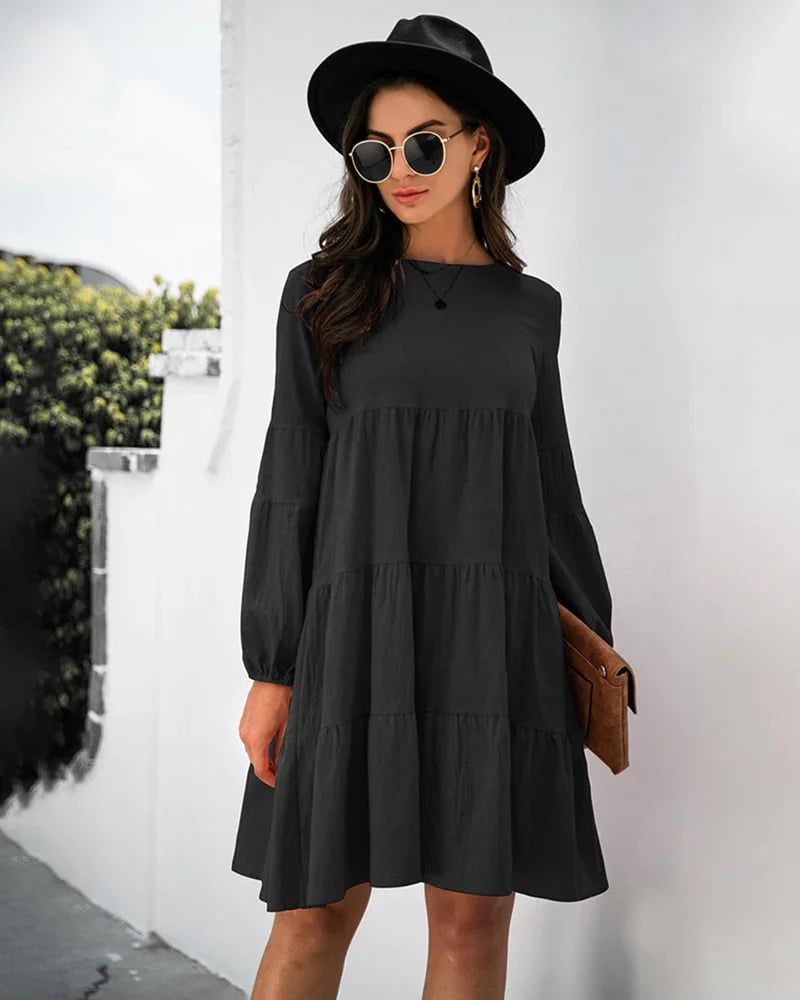 Long Puff Sleeve Shirt Dress Casual Crewneck Loose Fit Sundress Trendy Tiered Layer Summer Mini Dresses
