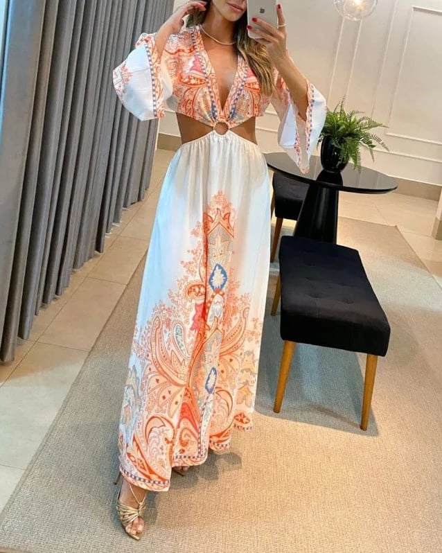 e??￥Big sale - Bohemian deep V-neck sexy backless print long dress