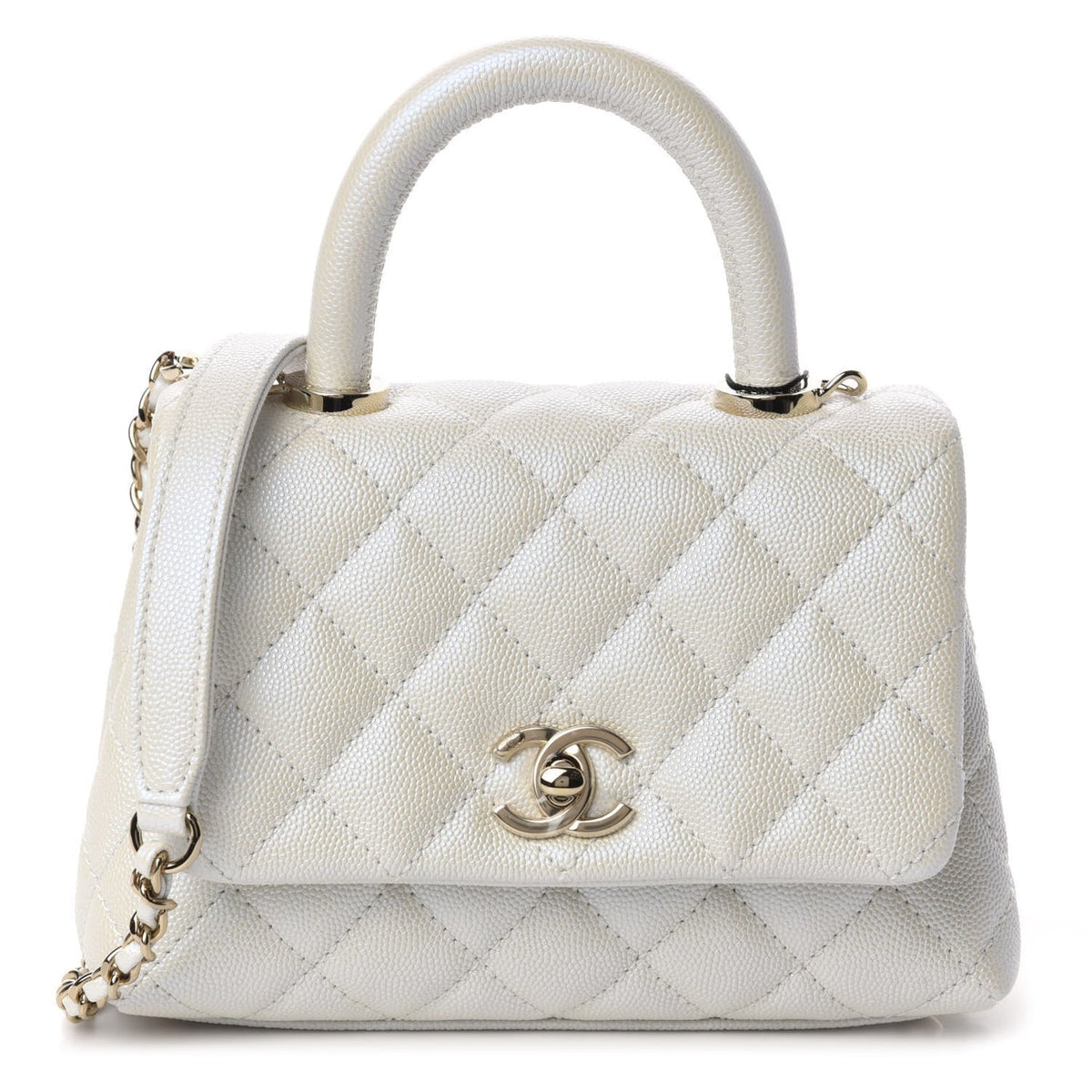 Elegant Iridescent Caviar Quilted Mini Coco Handle Flap White