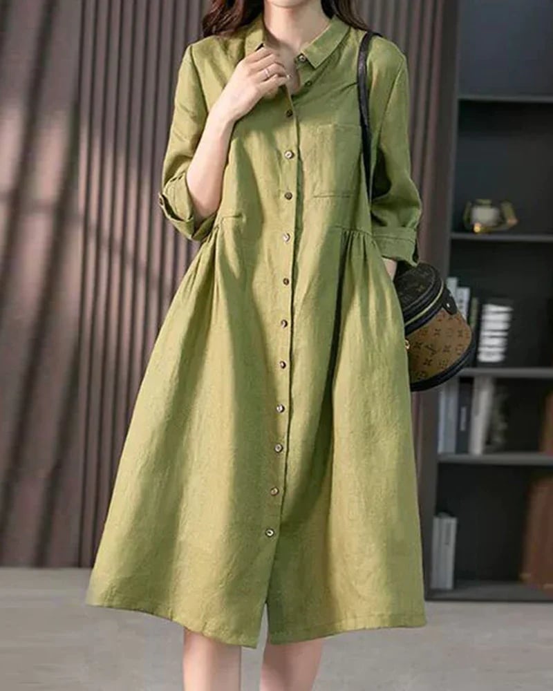 Loose Solid Color Cotton and Linen Three-quarter Sleeve Dress Mid-length Shirt Dress