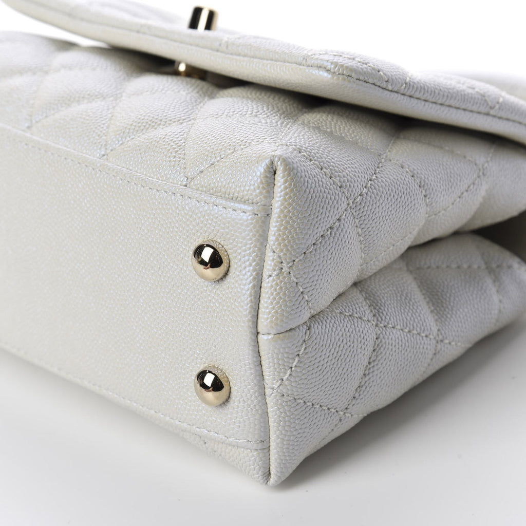 Elegant Iridescent Caviar Quilted Mini Coco Handle Flap White