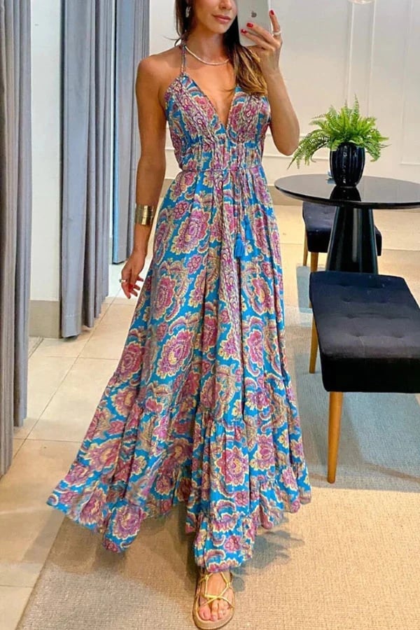 Casual V-neck Open Back Printed Dress