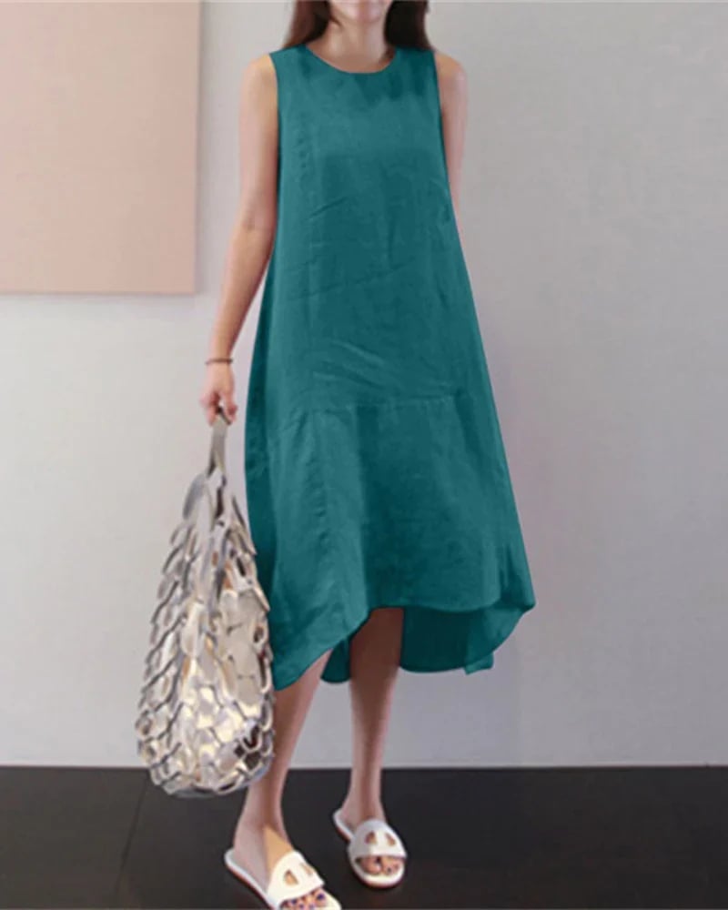 Round Neck Sleeveless Loose Solid Color Long Swing Dress