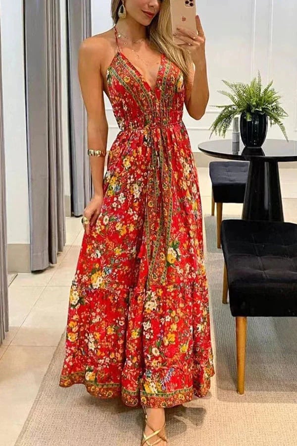 Casual V-neck Open Back Printed Dress