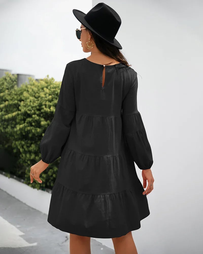 Long Puff Sleeve Shirt Dress Casual Crewneck Loose Fit Sundress Trendy Tiered Layer Summer Mini Dresses
