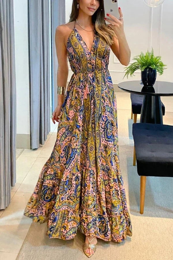 Casual V-neck Open Back Printed Dress