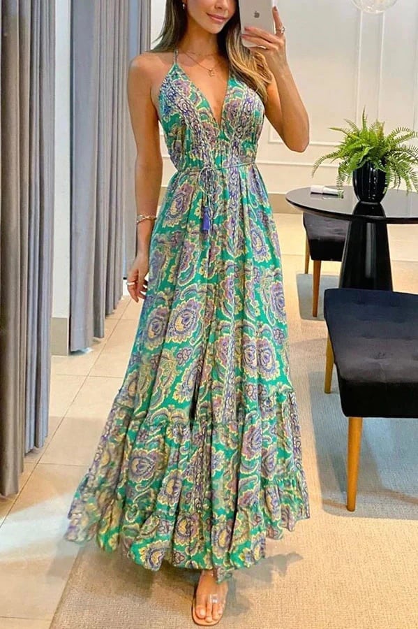 Casual V-neck Open Back Printed Dress