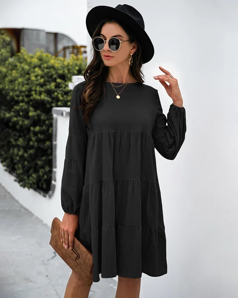Long Puff Sleeve Shirt Dress Casual Crewneck Loose Fit Sundress Trendy Tiered Layer Summer Mini Dresses