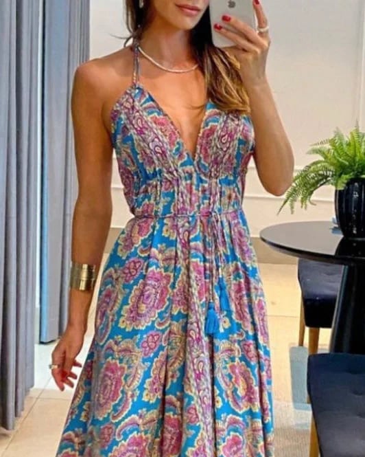 Casual V-neck Open Back Printed Dress