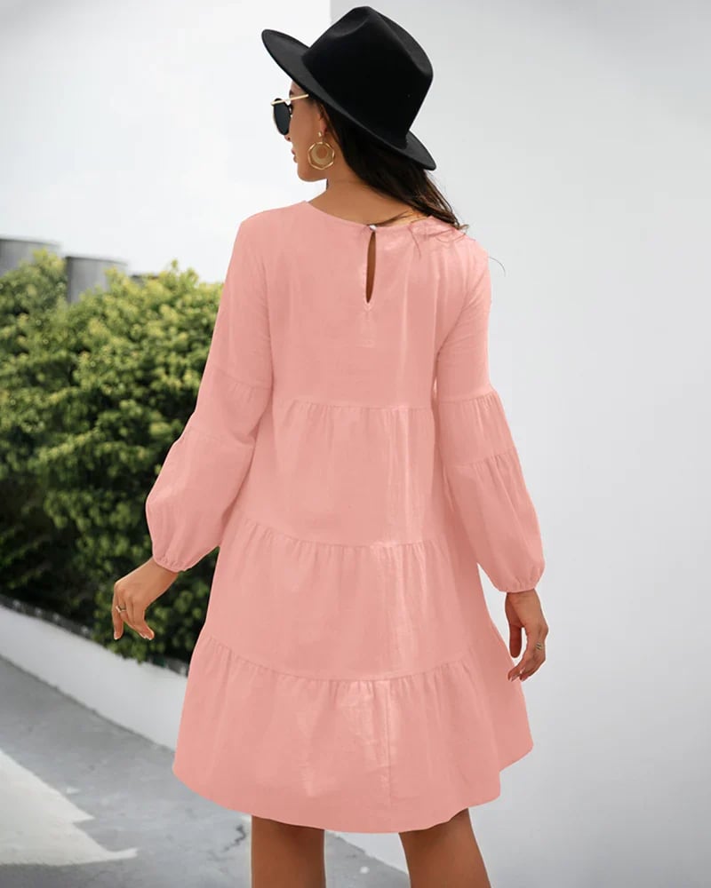 Long Puff Sleeve Shirt Dress Casual Crewneck Loose Fit Sundress Trendy Tiered Layer Summer Mini Dresses