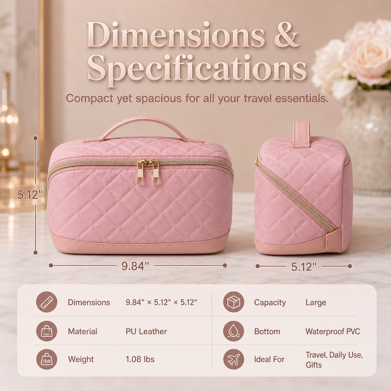 Quilted Lay-Flat Travel Makeup Bag