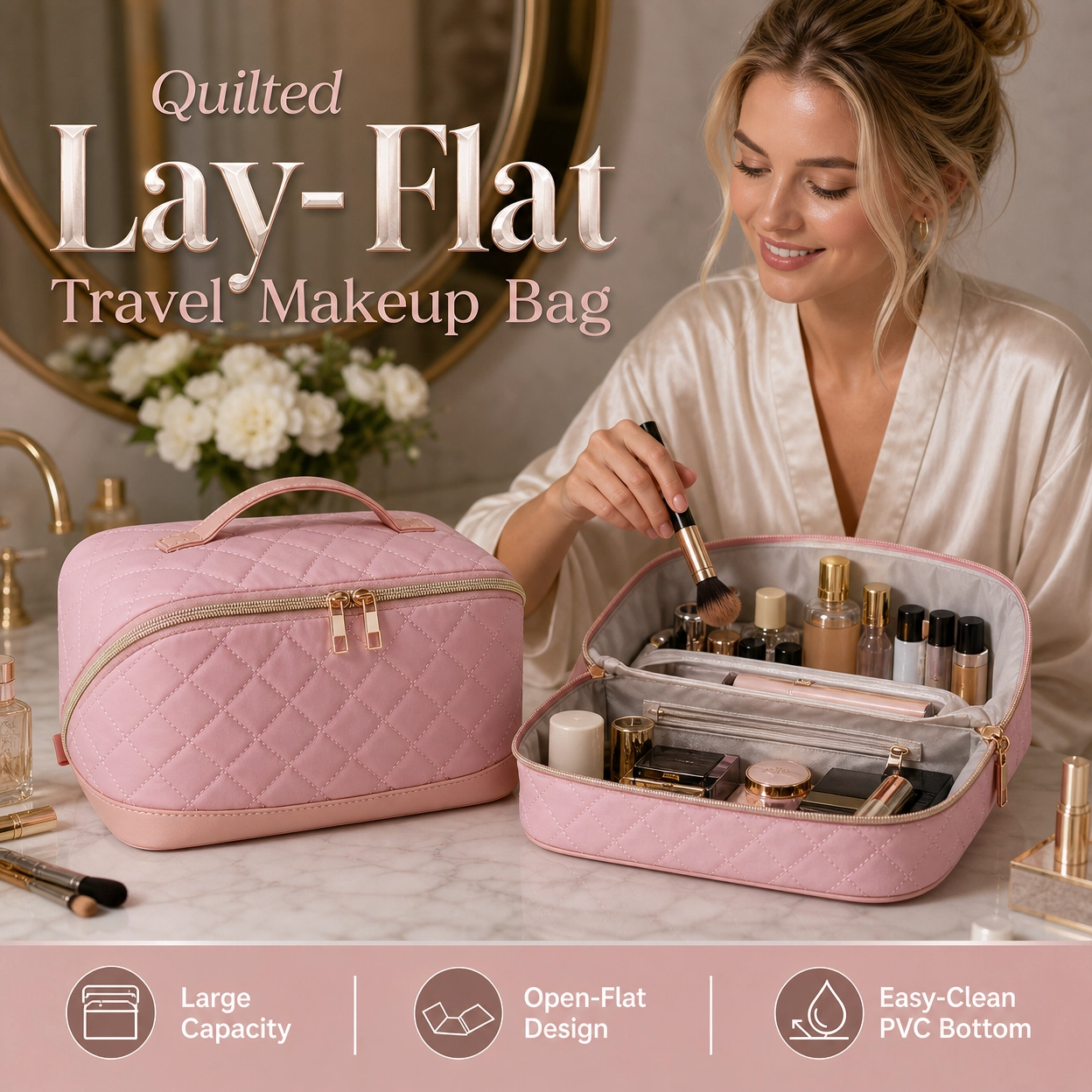 Quilted Lay-Flat Travel Makeup Bag